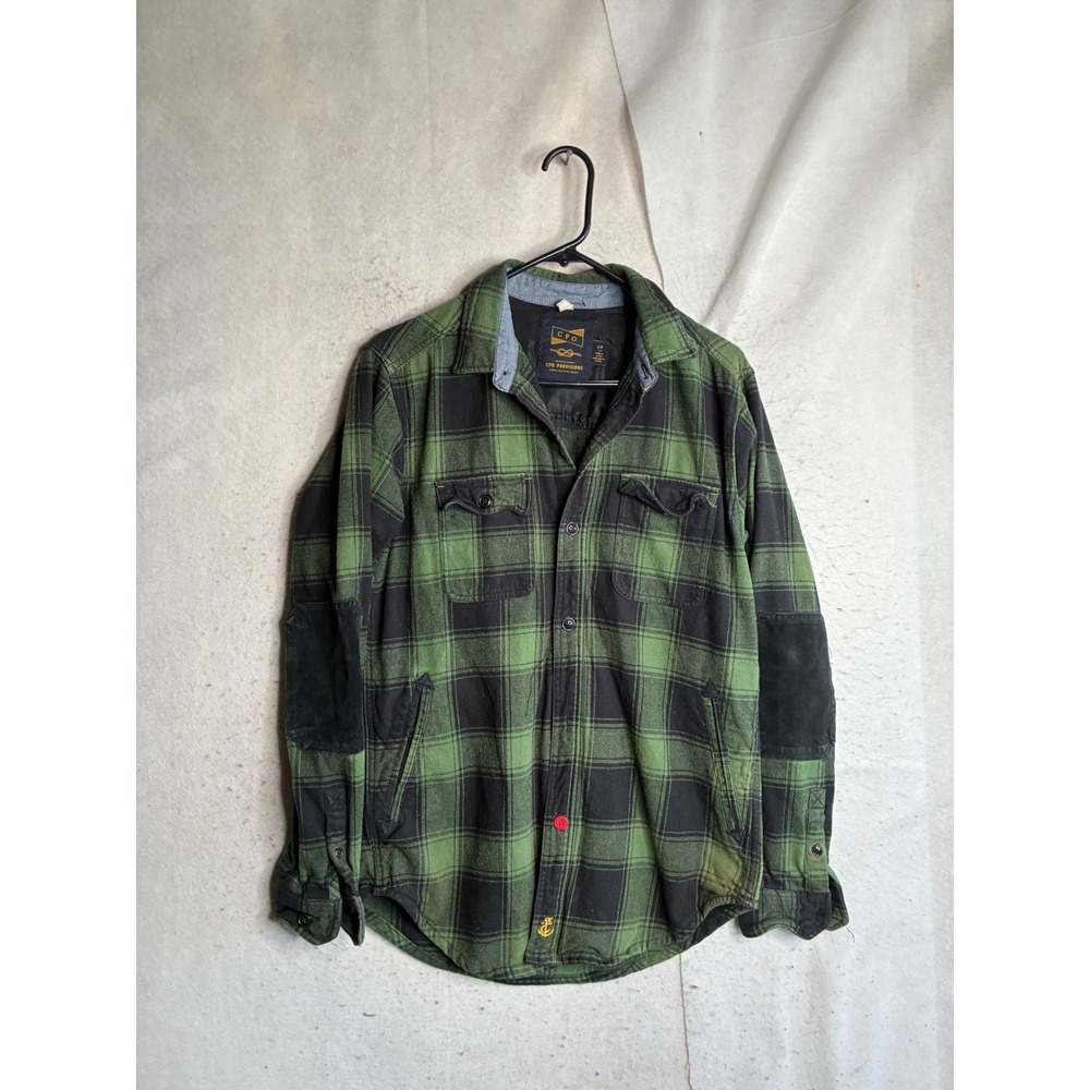 VTG CPO Provisions Mens S Green Plaid Flannel Shirt Jacket Leather Elbow Patches
